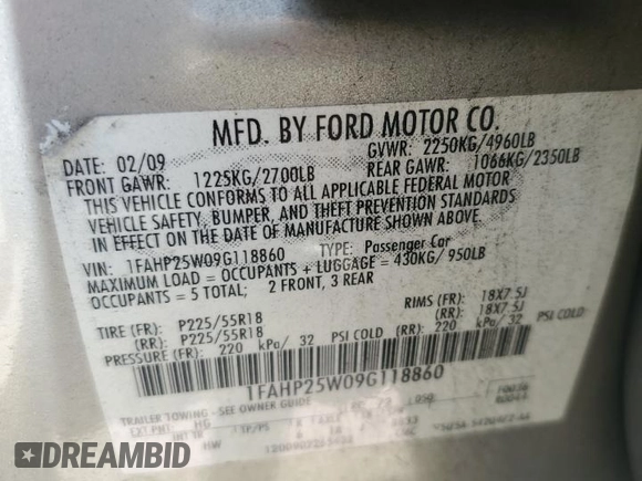 2009 Ford Taurus Limited z VIN 1FAHP25W09G118860, wystawiony jako Copart lot #54604575 z przebiegiem 212 886 mil mil oraz Szkoda całkowita • Salvage title. Historia ofert i sprzedaży dostępna na DreamBid. Obrazek 13.