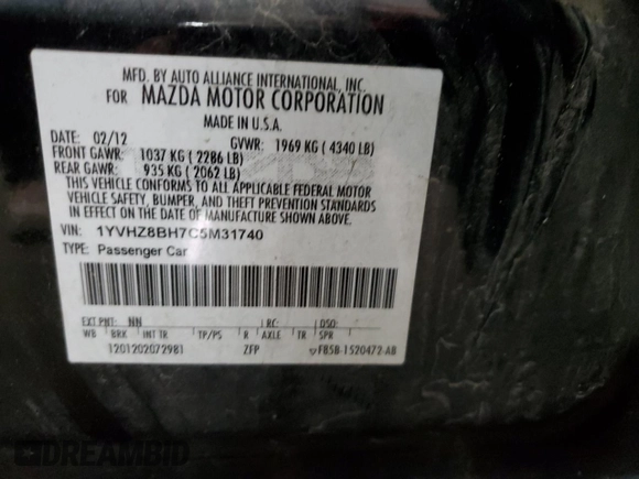2012 Mazda 6 i Sport с VIN 1YVHZ8BH7C5M31740, выставлен на аукционе Copart как лот 54973305 с пробегом 129 181 миль миль и Списание • Salvage title. История ставок и продаж доступна на DreamBid. Изображение 12.