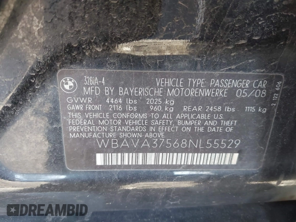 2008 BMW 3 Series 328i with VIN WBAVA37568NL55529, listed as a IAAI auction lot 41832053 with 134,933 mi miles. Bid and sale history available at carsss.com. Image 9.