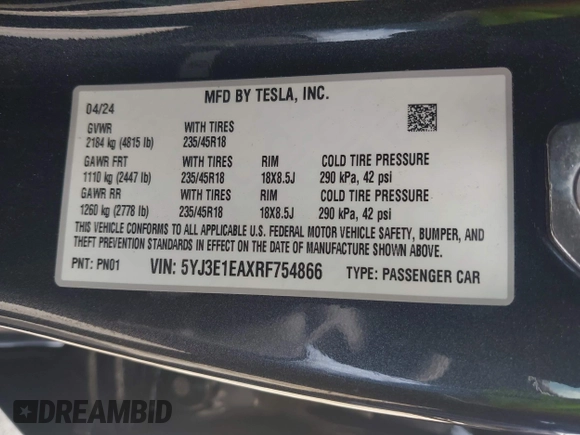 2024 Tesla Model 3 z VIN 5YJ3E1EAXRF754866, wystawiony jako IAAI lot #42082242 z przebiegiem 7 754 mil mil oraz . Historia ofert i sprzedaży dostępna na DreamBid. Obrazek 9.