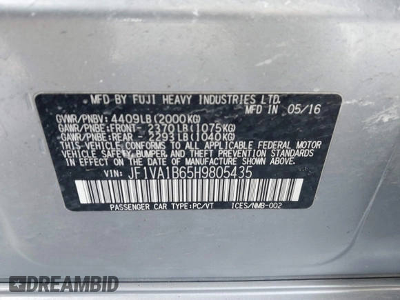 2017 Subaru WRX with VIN JF1VA1B65H9805435, listed as a IAAI auction lot 41607085 with 78,042 mi miles. Bid and sale history available at carsss.com. Image 9.