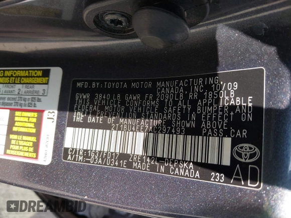 2010 Toyota Corolla with VIN 2T1BU4EE7AC297493, listed as a IAAI auction lot 41918625 with 160,903 mi miles and . Bid and sale history available at DreamBid. Image 9.