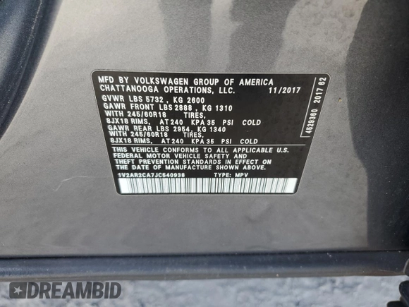 2018 Volkswagen Atlas S z VIN 1V2AR2CA7JC540938, wystawiony jako Copart lot #79242344 z przebiegiem 104 505 mil mil oraz Nie do naprawy • Non repairable. Historia ofert i sprzedaży dostępna na DreamBid. Obrazek 14.