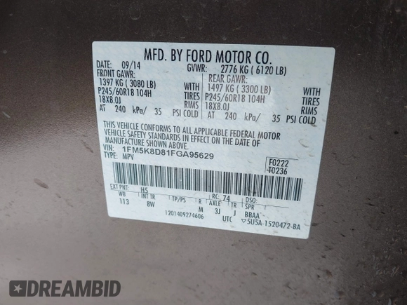 2015 Ford Explorer XLT with VIN 1FM5K8D81FGA95629, listed as a IAAI auction lot 41550100 with 138,968 mi miles. Bid and sale history available at carsss.com. Image 9.