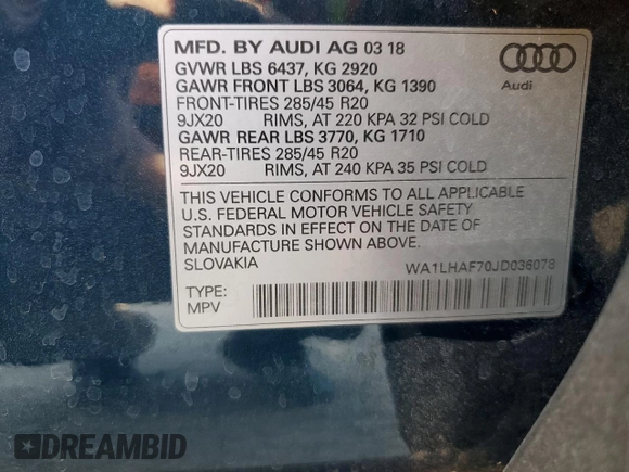 2018 Audi Q7 Premium Plus z VIN WA1LHAF70JD036078, wystawiony jako Copart lot #76706964 z przebiegiem 89 874 mil mil oraz Szkoda całkowita • Salvage title. Historia ofert i sprzedaży dostępna na DreamBid. Obrazek 13.