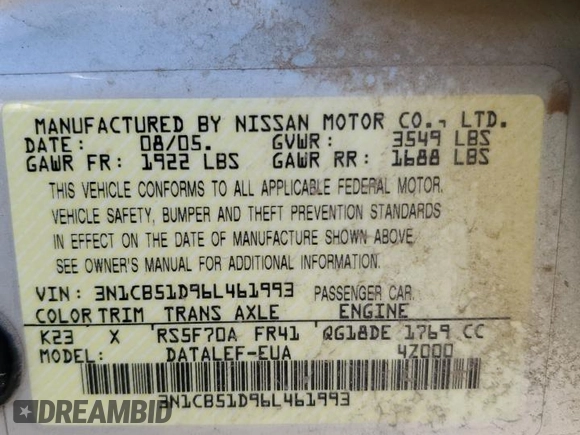 2006 Nissan Sentra S z VIN 3N1CB51D96L461993, wystawiony jako Copart lot #57934545 z przebiegiem 191 115 mil mil oraz Szkoda całkowita • Salvage title. Historia ofert i sprzedaży dostępna na DreamBid. Obrazek 13.