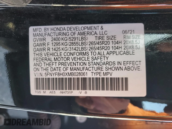 2021 Honda Passport Elite z VIN 5FNYF8H0XMB028061, wystawiony jako Copart lot #44798415 z przebiegiem 94 557 mil mil oraz Szkoda całkowita • Salvage title. Historia ofert i sprzedaży dostępna na DreamBid. Obrazek 12.