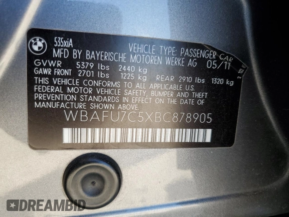 2011 BMW 5 Series 535i xDrive with VIN WBAFU7C5XBC878905, listed as a Copart auction lot 53102845 with 121,616 mi miles and Salvage Title. Bid and sale history available at carsss.com. Image 14.