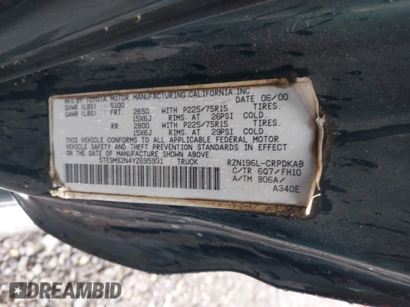 2000 Toyota Tacoma PreRunner with VIN 5TESM92N4YZ695931, listed as a IAAI auction lot 42352013 with 194,454 mi miles and . Bid and sale history available at DreamBid. Image 9.