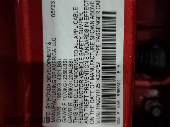 2023 Honda Accord LX with VIN 1HGCY1F25PA030752, listed as a Copart auction lot 47748475 with 20,885 mi miles and Salvage Title. Bid and sale history available at DreamBid. Image 14.