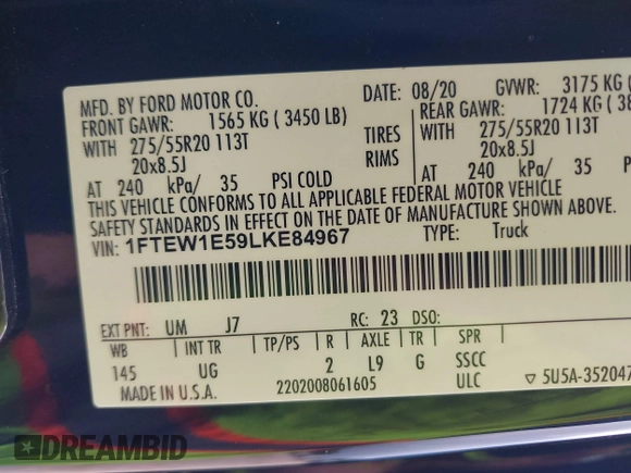 2020 Ford F-150 XL with VIN 1FTEW1E59LKE84967, listed as a IAAI auction lot 42519471 with Not provided miles and . Bid and sale history available at DreamBid. Image 9.