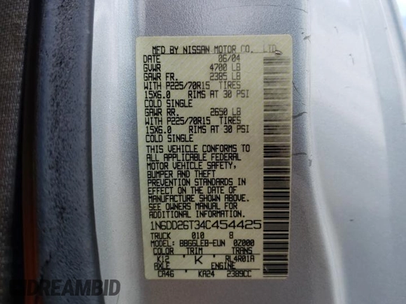 2004 Nissan Frontier XE with VIN 1N6DD26T34C454425, listed as a Copart auction lot 52404115 with 317,899 mi miles and Salvage title. Bid and sale history available at DreamBid. Image 12.
