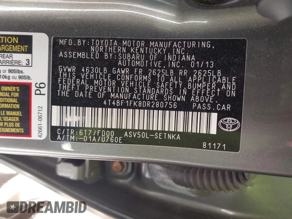 2013 Toyota Camry L with VIN 4T4BF1FK8DR280756, listed as a IAAI auction lot 41699710 with 200,466 mi miles. Bid and sale history available at carsss.com. Image 9.