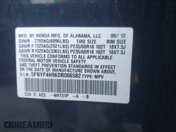 2013 Honda Pilot Touring with VIN 5FNYF4H96DB006582, listed as a IAAI auction lot 41722386 with 220,354 mi miles and . Bid and sale history available at carsss.com. Image 9.