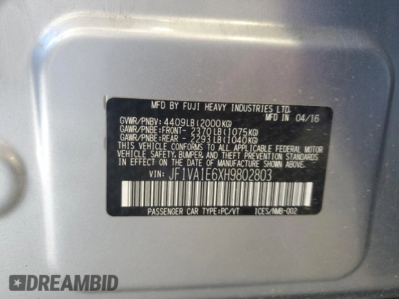 2017 Subaru WRX Premium z VIN JF1VA1E6XH9802803, wystawiony jako Copart lot #56047175 z przebiegiem 48 597 mil mil oraz Szkoda całkowita • Salvage title. Historia ofert i sprzedaży dostępna na DreamBid. Obrazek 13.