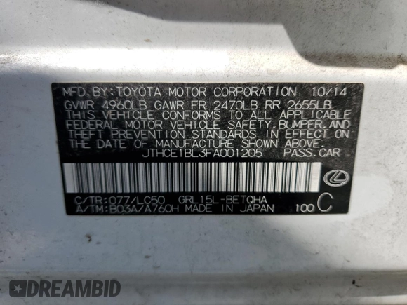 2015 Lexus GS 350 with VIN JTHCE1BL3FA001205, listed as a Copart auction lot 61868165 with 142,494 mi miles and Clean title. Bid and sale history available at DreamBid. Image 12.