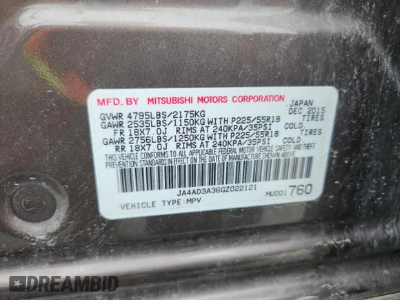 2016 Mitsubishi Outlander SE with VIN JA4AD3A36GZ022121, listed as a Copart auction lot 58557755 with 168,029 mi miles and Clean title. Bid and sale history available at DreamBid. Image 12.