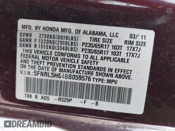 2011 Honda Odyssey EX-L with VIN 5FNRL5H64BB059576, listed as a IAAI auction lot 41903160 with 150,000 mi miles and . Bid and sale history available at carsss.com. Image 9.