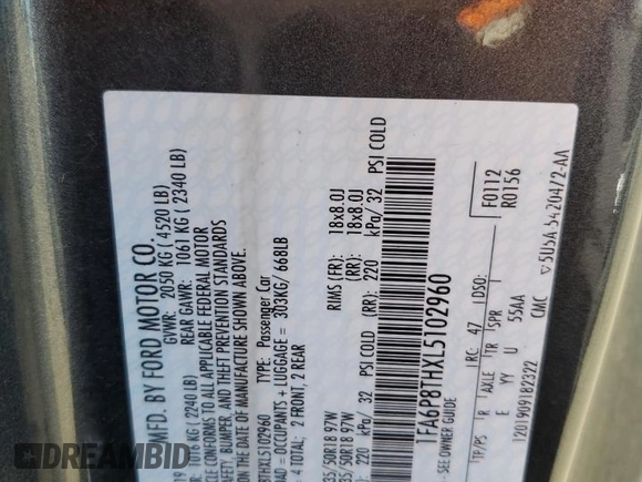 2020 Ford Mustang EcoBoost with VIN 1FA6P8THXL5102960, listed as a Copart auction lot 63291585 with 30,747 mi miles and Salvage title. Bid and sale history available at DreamBid. Image 12.