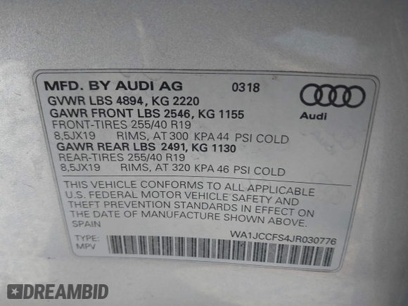 2018 Audi Q3 Premium Plus with VIN WA1JCCFS4JR030776, listed as a IAAI auction lot 41709645 with 73,953 mi miles. Bid and sale history available at carsss.com. Image 9.