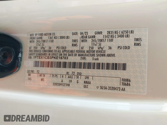 2023 Ford F-150 XL with VIN 1FTEX1CB3PKE18703, listed as a IAAI auction lot 41574200 with 38,077 mi miles and . Bid and sale history available at DreamBid. Image 9.