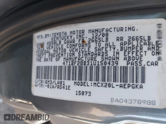 2001 Toyota Avalon XL z VIN 4T1BF28B31U150439, wystawiony jako IAAI lot #41868466 z przebiegiem 210 828 mil mil oraz . Historia ofert i sprzedaży dostępna na DreamBid. Obrazek 9.