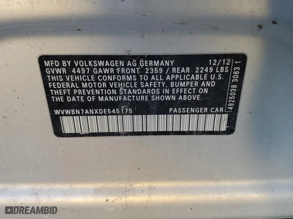 2013 Volkswagen CC R-Line with VIN WVWBN7ANXDE545175, listed as a Copart auction lot 83954754 with 125,874 mi miles and Salvage Title. Bid and sale history available at carsss.com. Image 12.