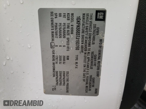 2007 GMC Yukon XL z VIN 1GKFK66837J193760, wystawiony jako Copart lot #58506515 z przebiegiem 198 342 mil mil oraz Szkoda całkowita • Salvage title. Historia ofert i sprzedaży dostępna na DreamBid. Obrazek 13.