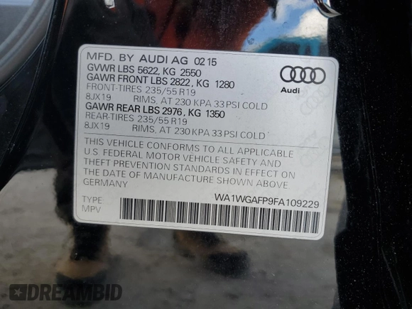 2015 Audi Q5 Prestige с VIN WA1WGAFP9FA109229, выставлен на аукционе Copart как лот 85511154 с пробегом 85 209 миль миль и Списание • Salvage title. История ставок и продаж доступна на DreamBid. Изображение 15.