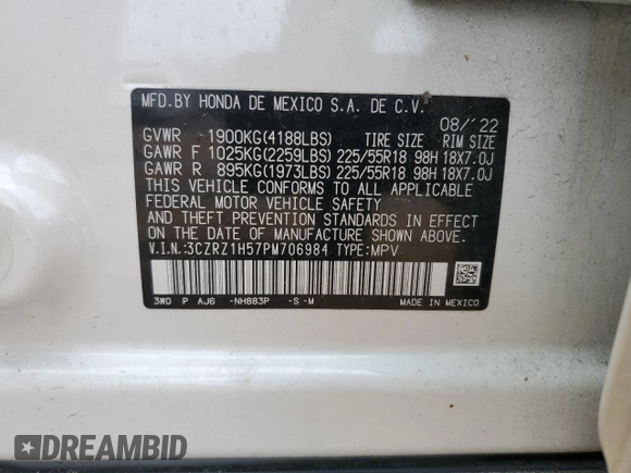 2023 Honda HR-V Sport with VIN 3CZRZ1H57PM706984, listed as a Copart auction lot 51182275 with 19,552 mi miles and Salvage Title. Bid and sale history available at carsss.com. Image 14.