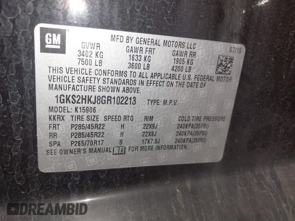 2016 GMC Yukon XL Denali with VIN 1GKS2HKJ8GR102213, listed as a IAAI auction lot 41818737 with 154,607 mi miles and . Bid and sale history available at DreamBid. Image 9.