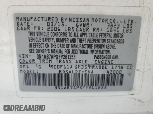 2015 Nissan Sentra SR with VIN 3N1AB7APXFY261253, listed as a Copart auction lot 55495525 with 159,865 mi miles and Clean Title. Bid and sale history available at DreamBid. Image 12.