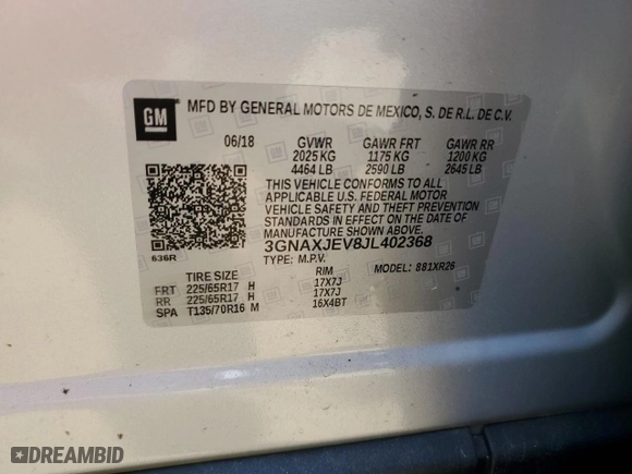 2018 Chevrolet Equinox LT with VIN 3GNAXJEV8JL402368, listed as a Copart auction lot 53774825 with 73,865 mi miles and Non Repairable. Bid and sale history available at carsss.com. Image 13.