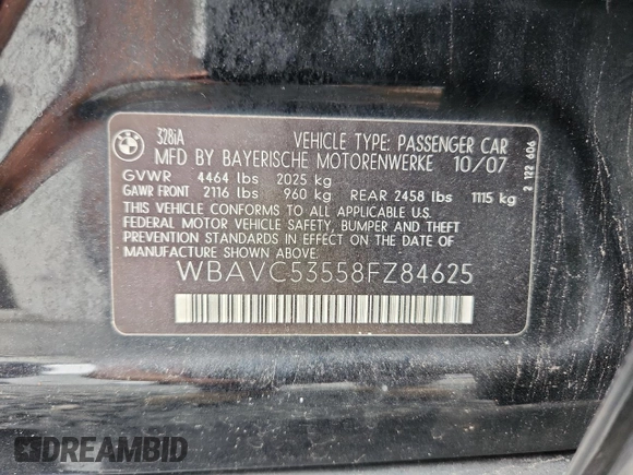 2008 BMW 3 Series 328i с VIN WBAVC53558FZ84625, выставлен на аукционе Copart как лот 64279835 с пробегом 144 575 миль миль и Списание • Salvage title. История ставок и продаж доступна на DreamBid. Изображение 13.