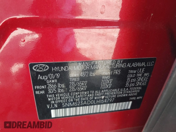 2020 Hyundai Santa Fe SE with VIN 5NMS23AD0LH154797, listed as a IAAI auction lot 42191317 with 80,526 mi miles and . Bid and sale history available at DreamBid. Image 9.