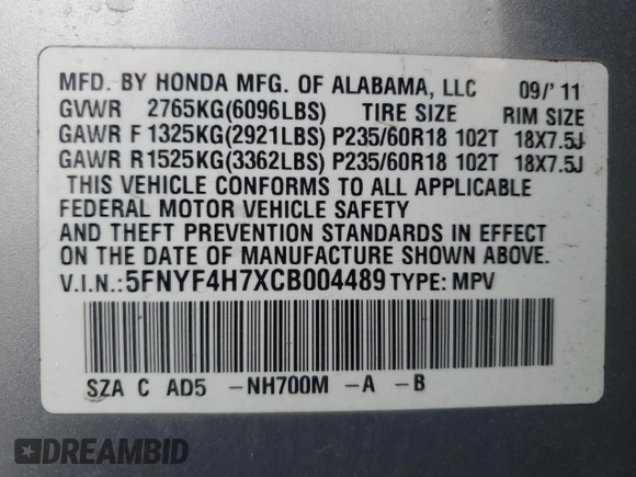 2012 Honda Pilot EX-L with VIN 5FNYF4H7XCB004489, listed as a Copart auction lot 47171315 with 241,178 mi miles and Salvage Title. Bid and sale history available at DreamBid. Image 15.