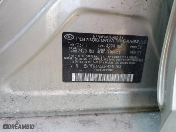 2011 Hyundai Sonata GLS PZEV with VIN 5NPEB4AC0BH240168, listed as a Copart auction lot 44572205 with 78,670 mi miles and Salvage Title. Bid and sale history available at carsss.com. Image 12.