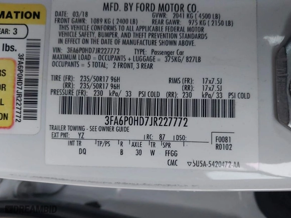 2018 Ford Fusion SE with VIN 3FA6P0HD7JR227772, listed as a IAAI auction lot 41736163 with 117,983 mi miles. Bid and sale history available at carsss.com. Image 9.