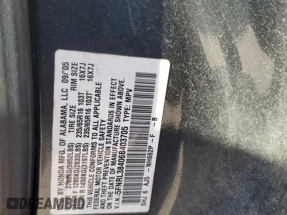 2006 Honda Odyssey EX with VIN 5FNRL38406B403705, listed as a Copart auction lot 50395855 with 252,722 mi miles and Salvage Title. Bid and sale history available at carsss.com. Image 13.