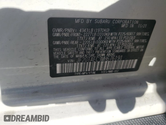 2021 Subaru Crosstrek Premium with VIN JF2GTAEC3MH676191, listed as a Copart auction lot 53795375 with 22,537 mi miles and Salvage title. Bid and sale history available at DreamBid. Image 12.