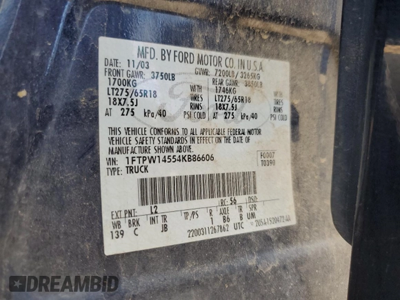 2004 Ford F-150 XLT with VIN 1FTPW14554KB86606, listed as a Copart auction lot 50894475 with 161,366 mi miles and Salvage Title. Bid and sale history available at carsss.com. Image 13.