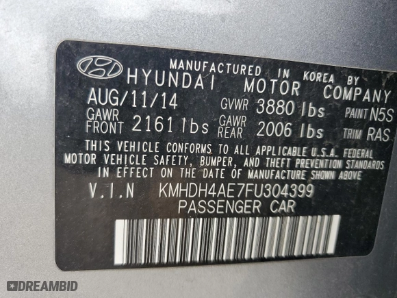 2015 Hyundai Elantra Limited with VIN KMHDH4AE7FU304399, listed as a Copart auction lot 53974625 with 149,961 mi miles and Clean Title. Bid and sale history available at carsss.com. Image 12.