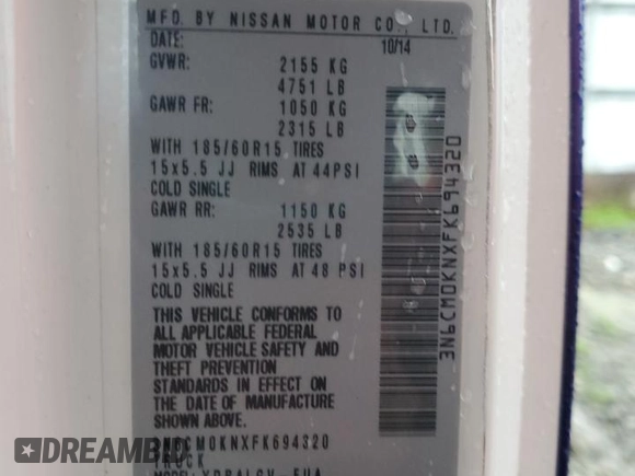 2015 Nissan NV200 SV with VIN 3N6CM0KNXFK694320, listed as a Copart auction lot 51171385 with 111,513 mi miles and Salvage Title. Bid and sale history available at carsss.com. Image 13.
