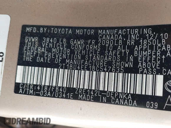 2011 Toyota Corolla L with VIN 2T1BU4EE1BC547635, listed as a IAAI auction lot 42053236 with 121,485 mi miles. Bid and sale history available at carsss.com. Image 9.