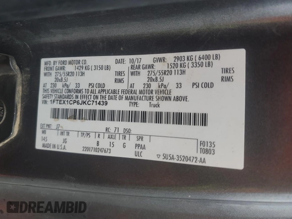 2018 Ford F-150 XL with VIN 1FTEX1CP6JKC71439, listed as a Copart auction lot 45027895 with 130,459 mi miles and Salvage Title. Bid and sale history available at carsss.com. Image 15.