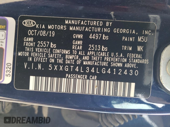 2020 Kia Optima LX with VIN 5XXGT4L34LG412430, listed as a Copart auction lot 59617215 with 139,196 mi miles and Salvage title. Bid and sale history available at DreamBid. Image 13.