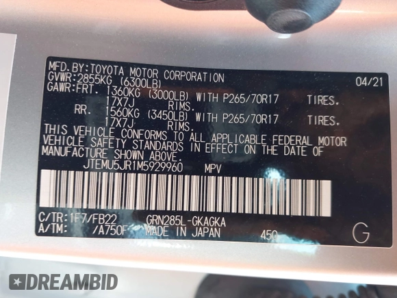 2021 Toyota 4Runner SR5 with VIN JTEMU5JR1M5929960, listed as a IAAI auction lot 41912094 with 90,249 mi miles and . Bid and sale history available at DreamBid. Image 9.