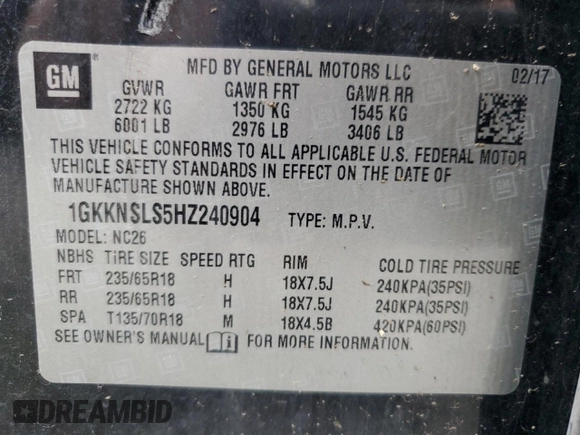 2017 GMC Acadia SLE with VIN 1GKKNSLS5HZ240904, listed as a Copart auction lot 53435595 with 103,747 mi miles and Salvage Title. Bid and sale history available at carsss.com. Image 16.