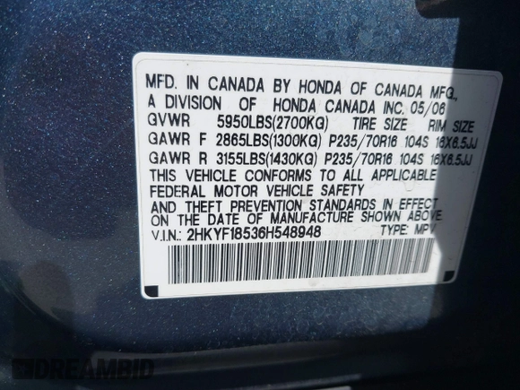 2006 Honda Pilot EX-L with VIN 2HKYF18536H548948, listed as a IAAI auction lot 36572651 with 242,758 mi miles and . Bid and sale history available at DreamBid. Image 9.