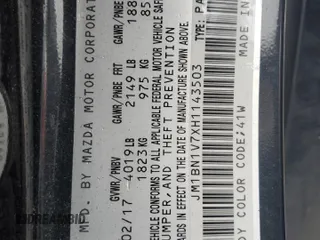 2017 Mazda 3 Touring with VIN JM1BN1V7XH1143503, listed as a Copart auction lot 58628085 with 181,345 mi miles and Salvage title. Bid and sale history available at DreamBid. Image 12.